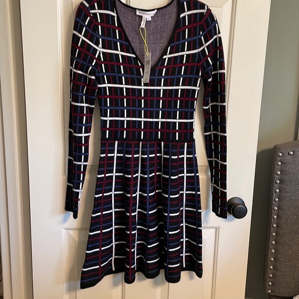 BCBGeneration Long Sleeve Sweater Dress with Windowpane print